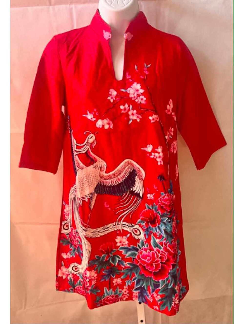 Unbranded Red Crane Floral Mandarin Collar 3/4 Sleeve Tunic Mini Dress